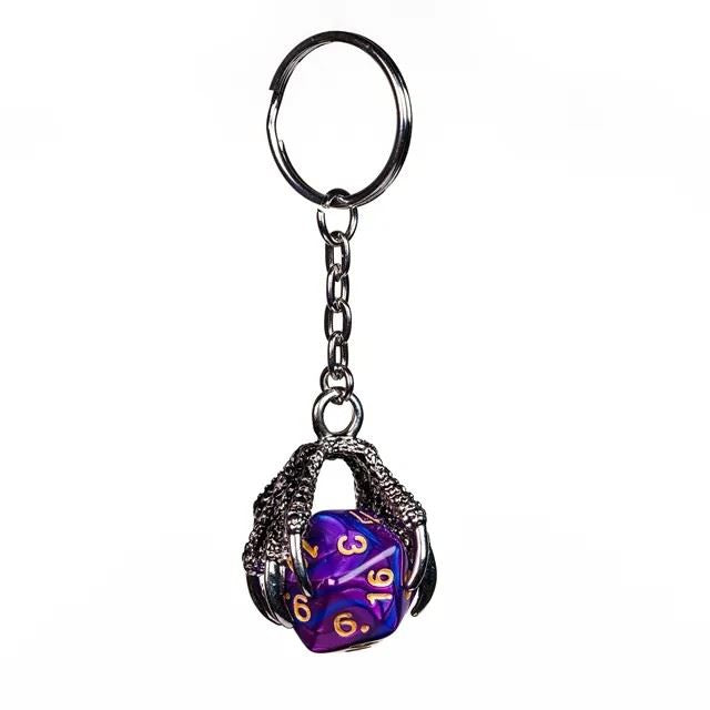 Purple & Blue Acrylic in  Silver Metal Claw - D20 Keyring