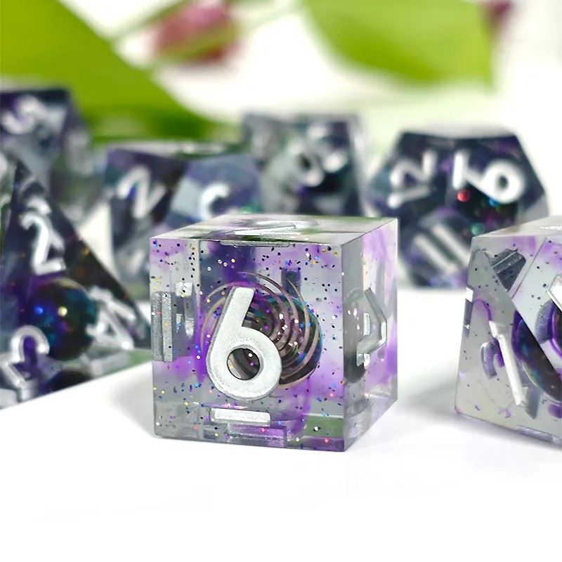 Bead Swirl in Purple & Clear Filled Sharp Resin - 7pcs RPG Dice Set