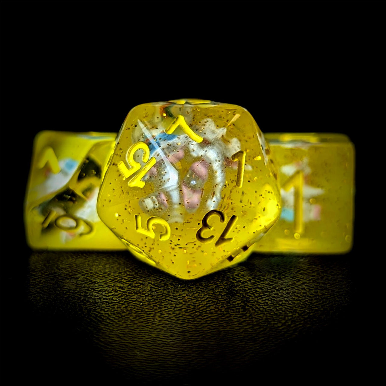 Unicorn in Clear & Yellow Resin - 7pcs RPG Full Dice Set