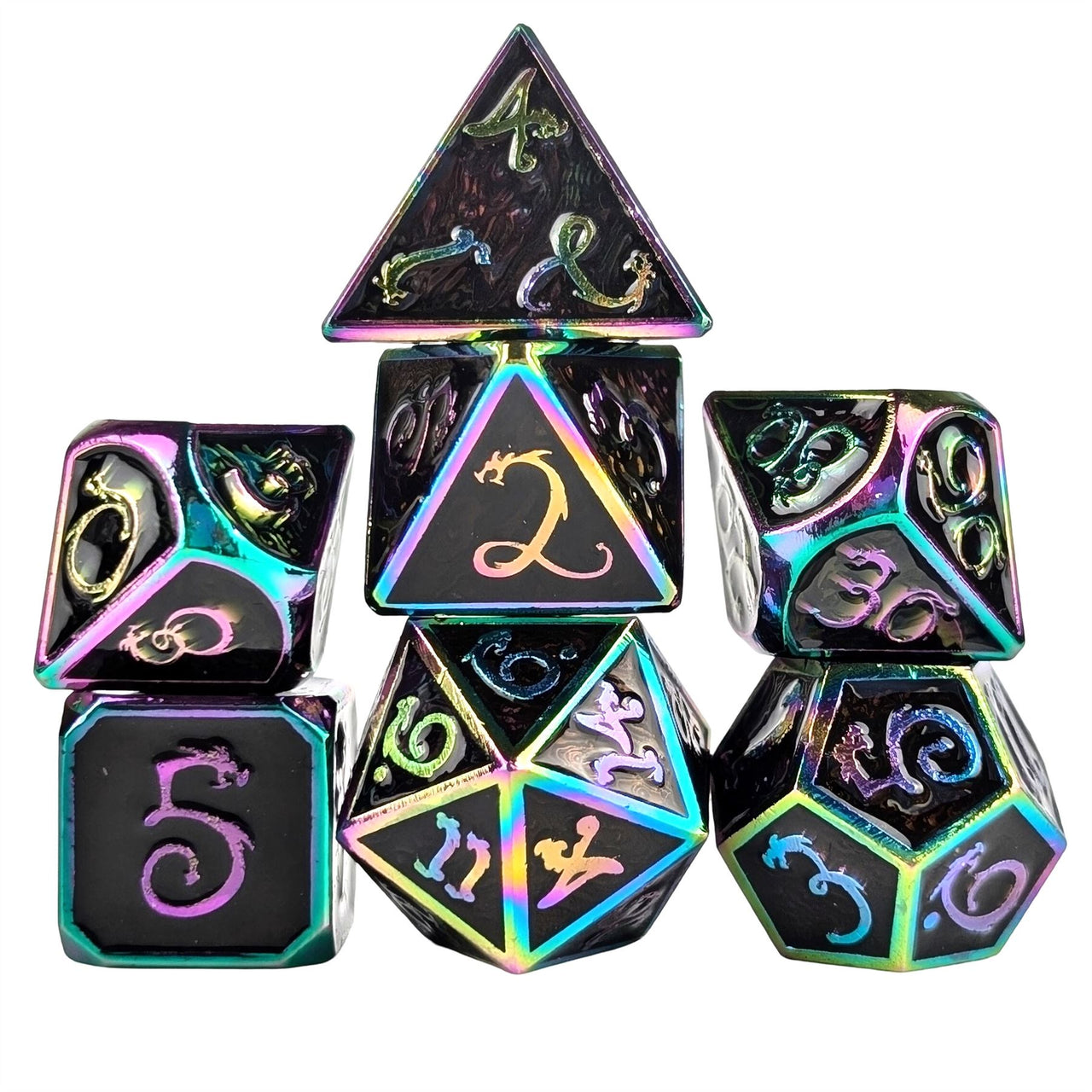 Black Enamel in Rainbow Metal - 7pcs RPG Dice Set