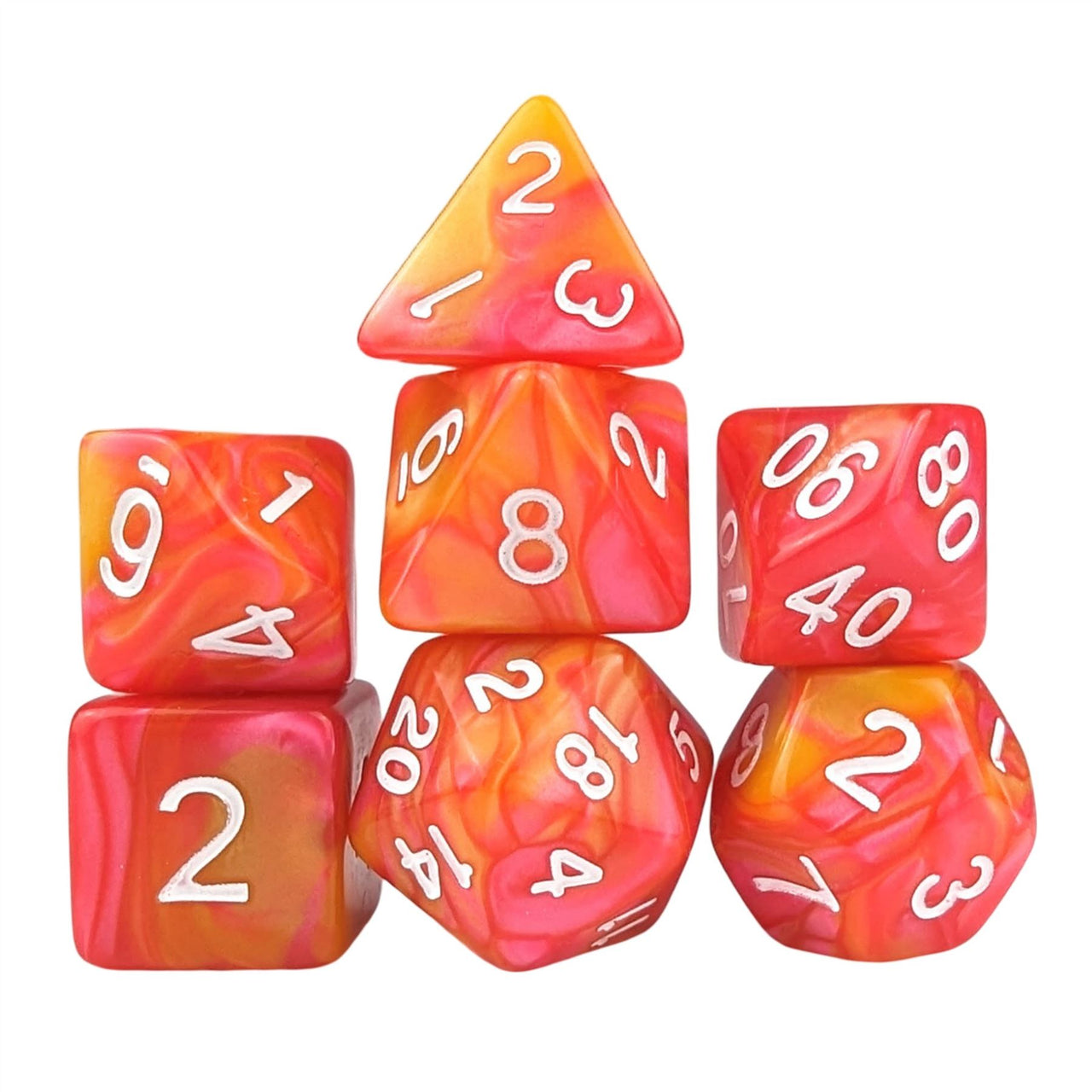 Red & Orange Silk Acrylic - 7pcs RPG Full Dice Set White Stack