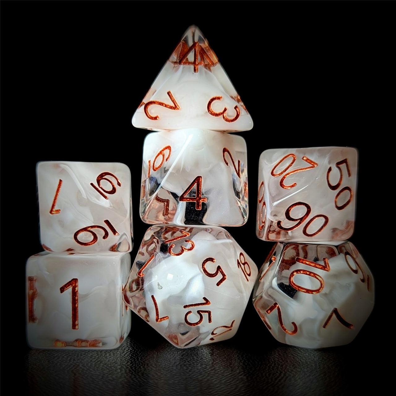 White Swirl in Clear Resin - 7pcs RPG Full Dice Set