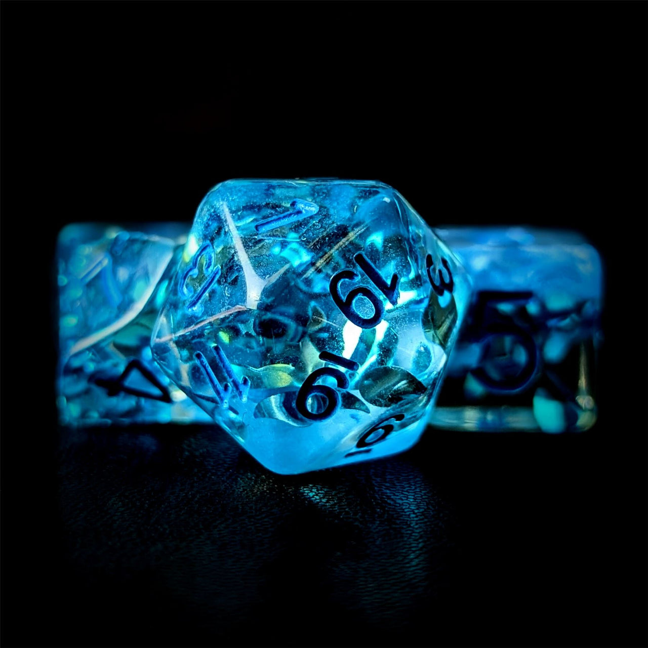 Water Drops in Clear & Blue Resin - 7pcs RPG Full Dice Set