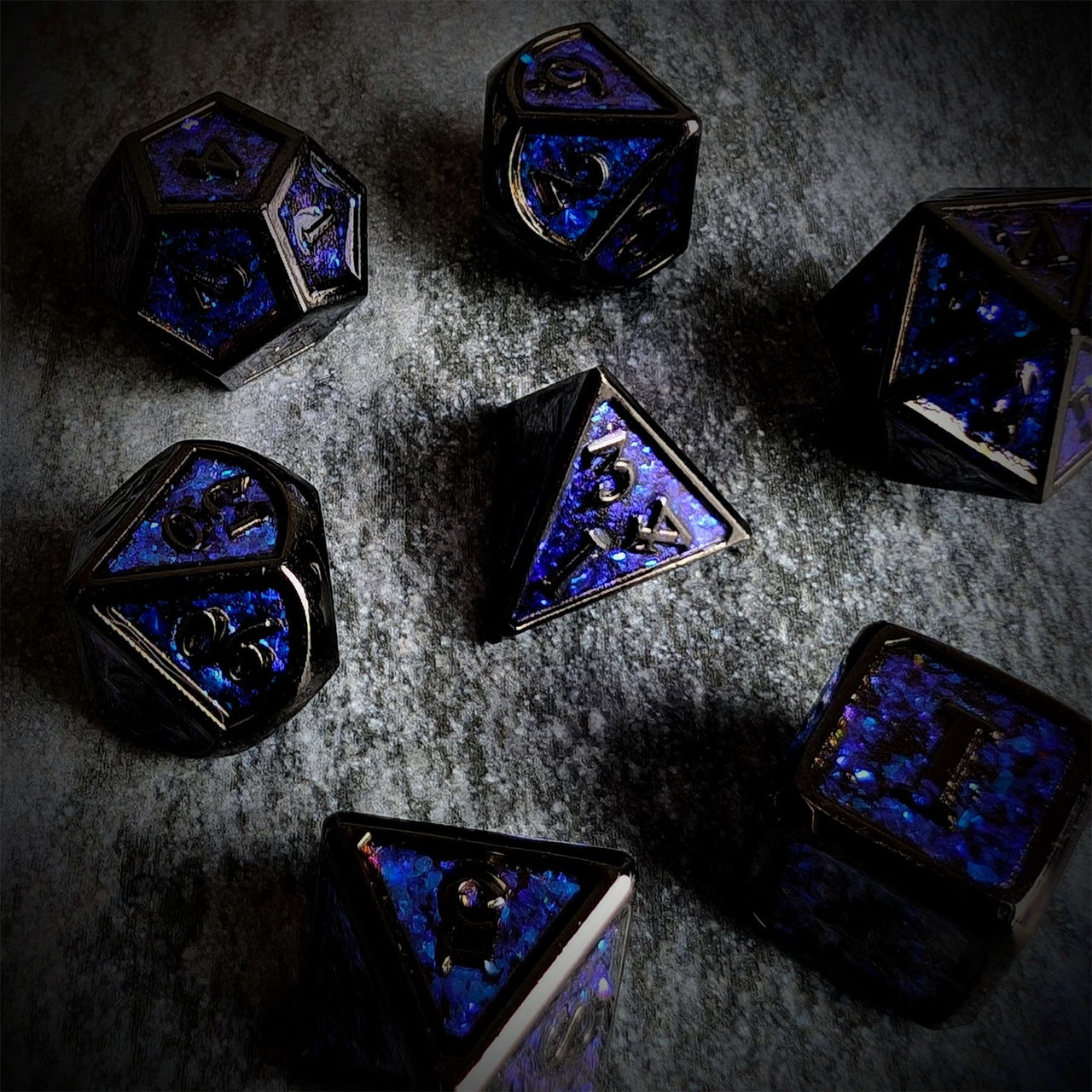 Glitter Blue Enamel in Black Metal - 7pcs RPG Dice Set