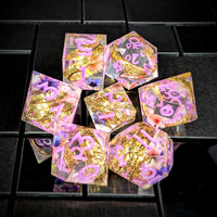 Thumbnail for 7pcs Dice Sharp Filled Gold Ring Flowers Pink Font Pink Clear
