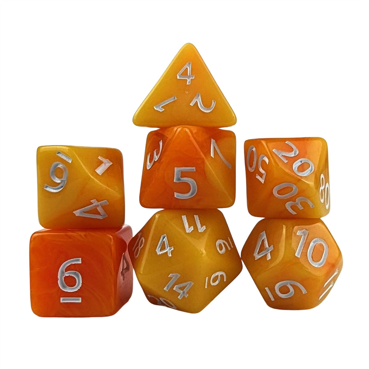 Blend of Orange & Yellow Acrylic - 7pcs RPG Full Dice Set White Stack