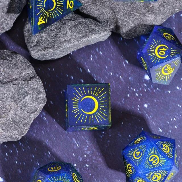 Moon on Blue with Black Swirl Sharp Resin - 7pcs RPG Dice Set