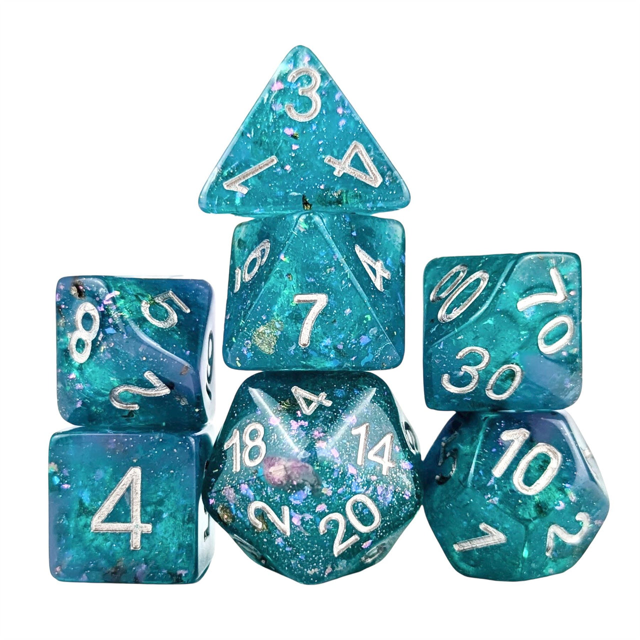 Glitter in Blue & Cyan Resin - 7pcs RPG Full Dice Set