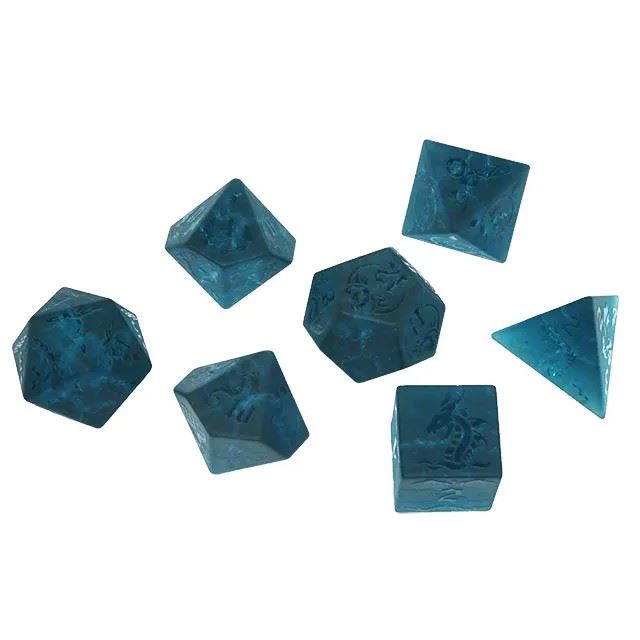 Dragon on Cracked & Frosted Ocean Blue Glass - 7pcs RPG Dice Set