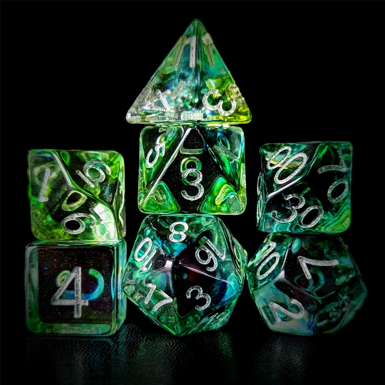 Green & Black with Blue Swirl in Clear Resin - 7pcs RPG Full Dice Set