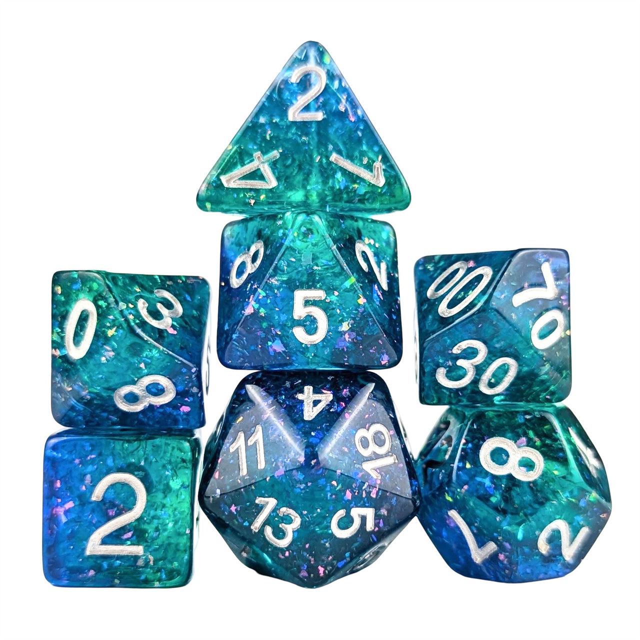 Glitter in Blue & Green Resin - 7pcs RPG Full Dice Set