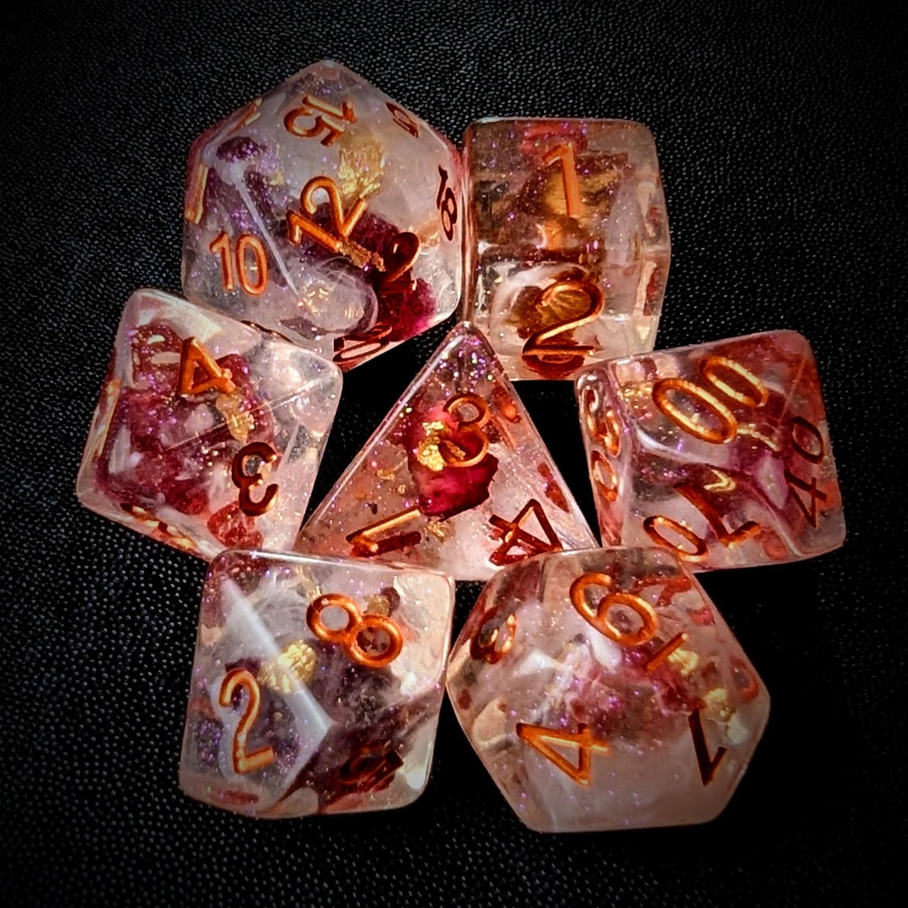 Pink Rose Petal in Clear Resin - 7pcs RPG Full Dice Set