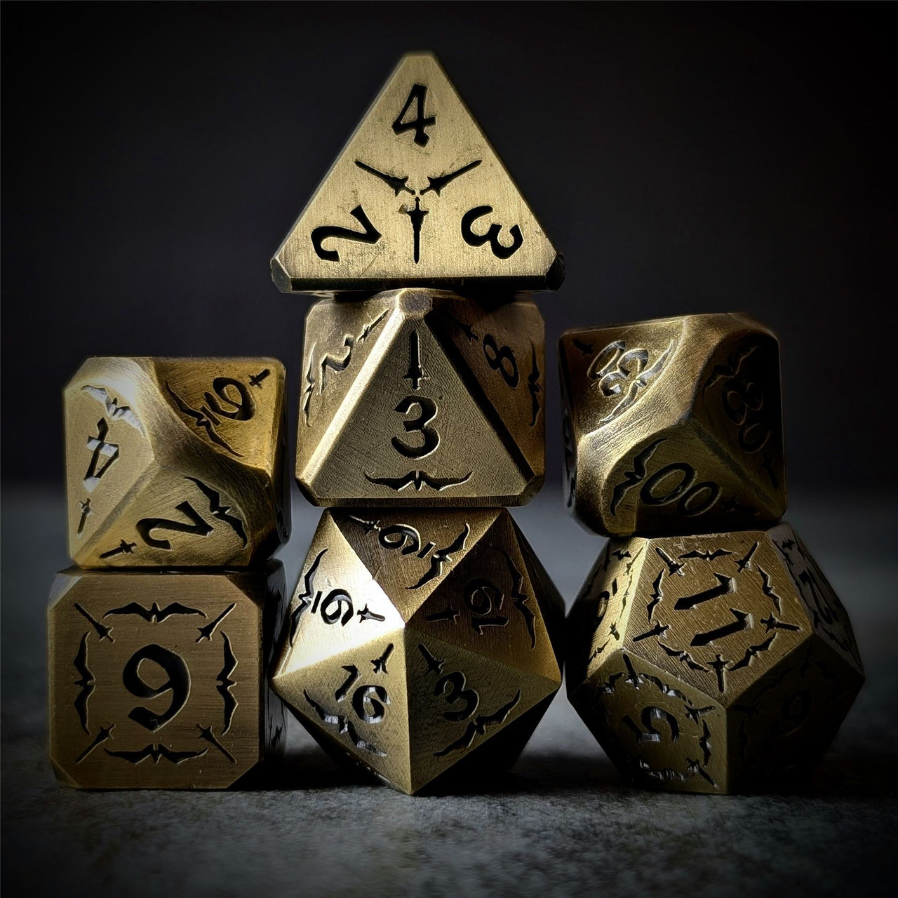 Black Sword in Gold Metal - 7pcs RPG Dice Set