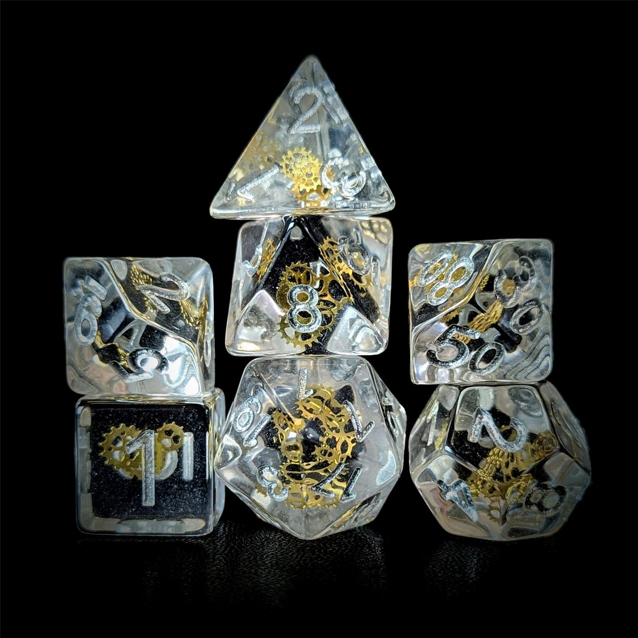 Gold Cogs in Clear Resin - 7pcs RPG Full Dice Set