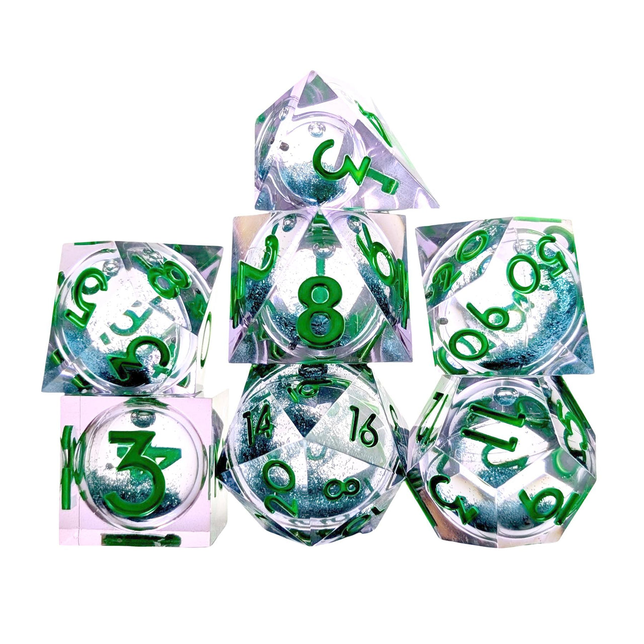 7pcs Dice Sharp Filled Liquid Green Font Blue Clear