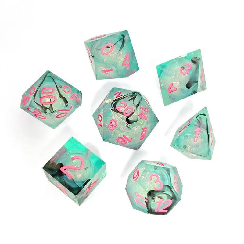 Black Swirl & Glitter in Cyan Liquid Filled Sharp Resin - 7pcs RPG Dice Set