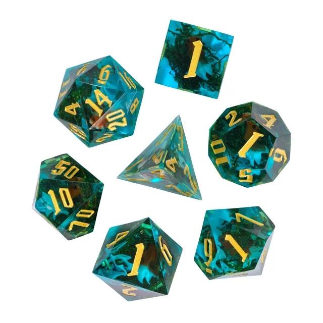 Gold Fish & Moss in Clear & Cyan Filled Sharp Resin - 7pcs RPG Dice Set