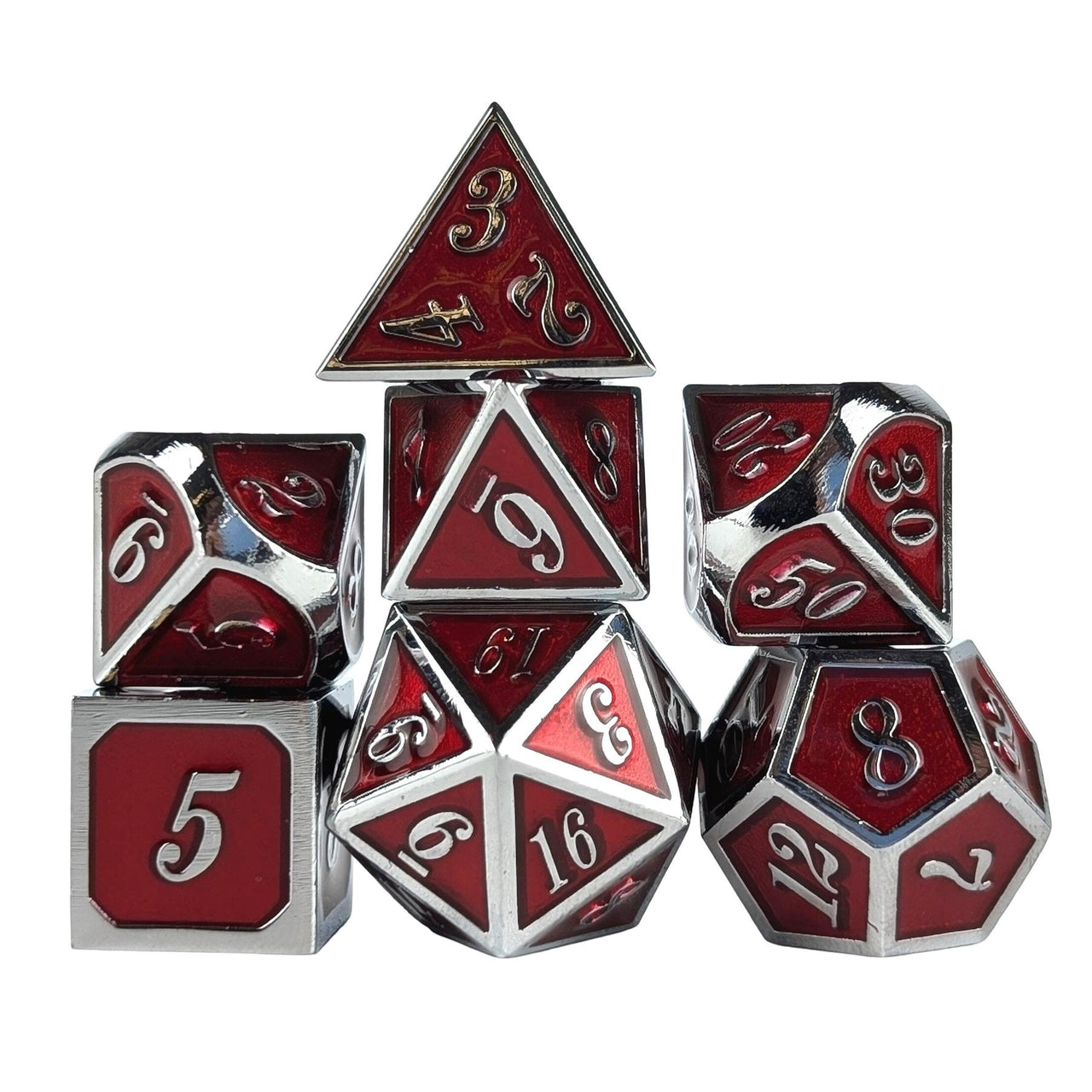 Red Enamel in Silver Metal - 7pcs RPG Dice Set