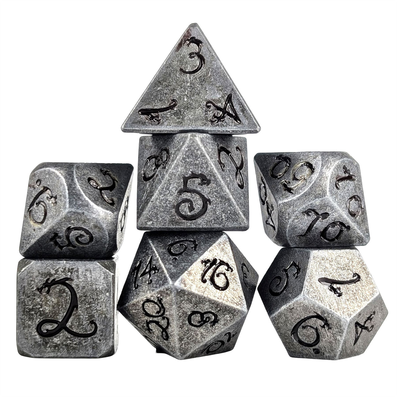 Silver Metal with Black Dragon Font - 7pcs RPG Dice Set