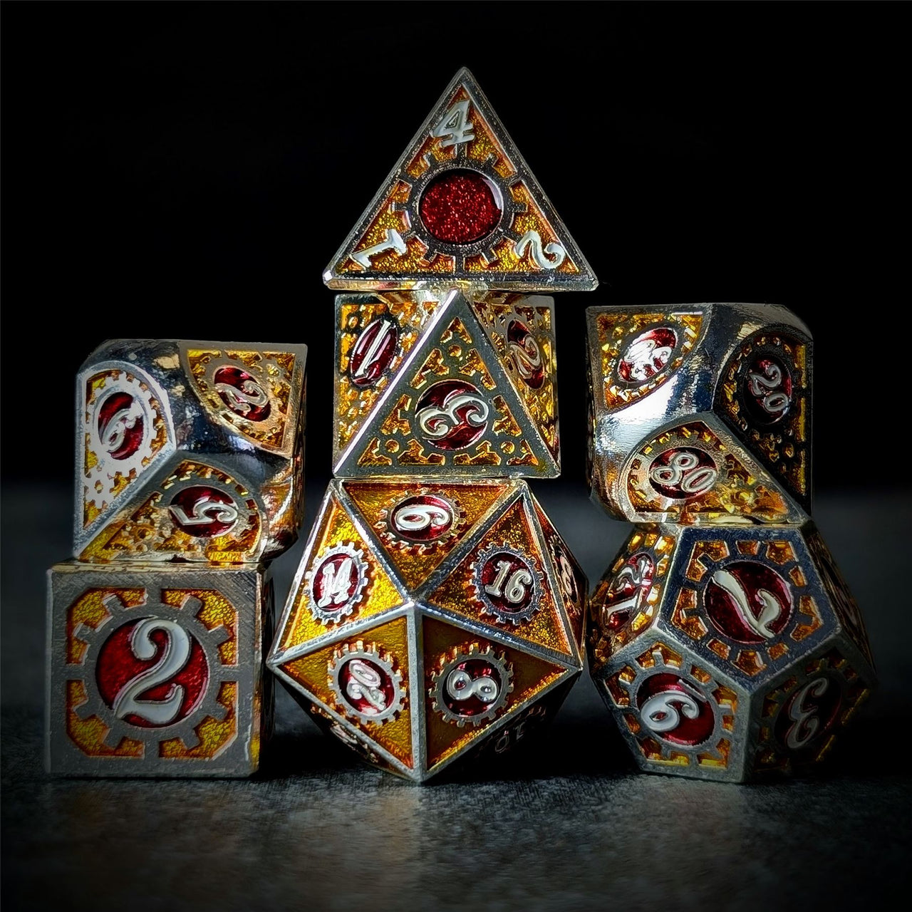 Gear in Red Enamel Silver Metal - 7pcs RPG Dice Set