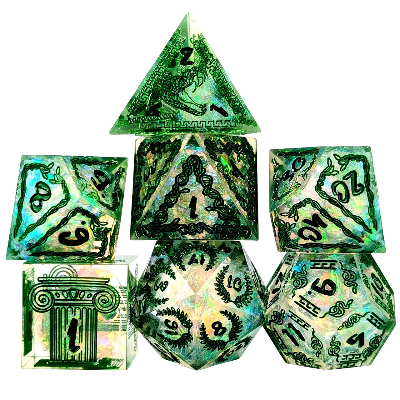 Mythology on Clear with Candy Sharp Resin - 7pcs RPG Dice Set