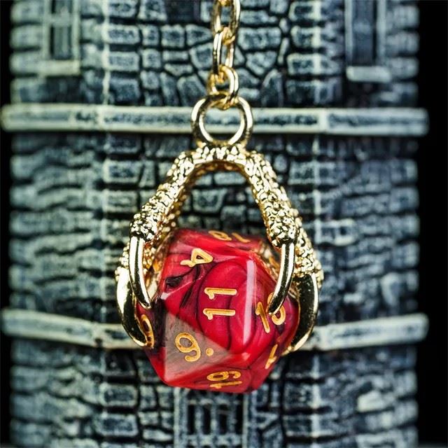 Red & Black Acrylic in  Gold Metal Claw - D20 Keyring