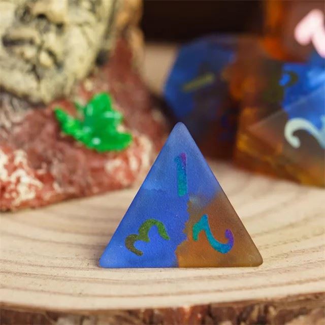 Cracked & Frosted Orange and Blue Glass - 7pcs RPG Dice Set