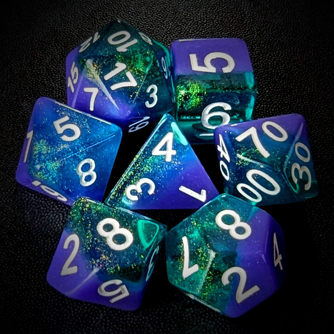 Layered Purple & Teal with Shimmer Resin - 7pcs RPG Full Dice Set