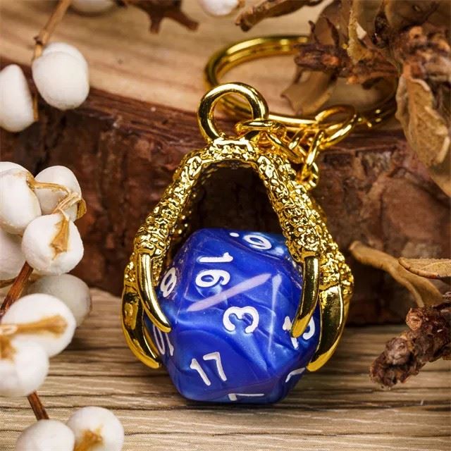 Blue & Gold Acrylic in Metal Claw - D20 Keyring