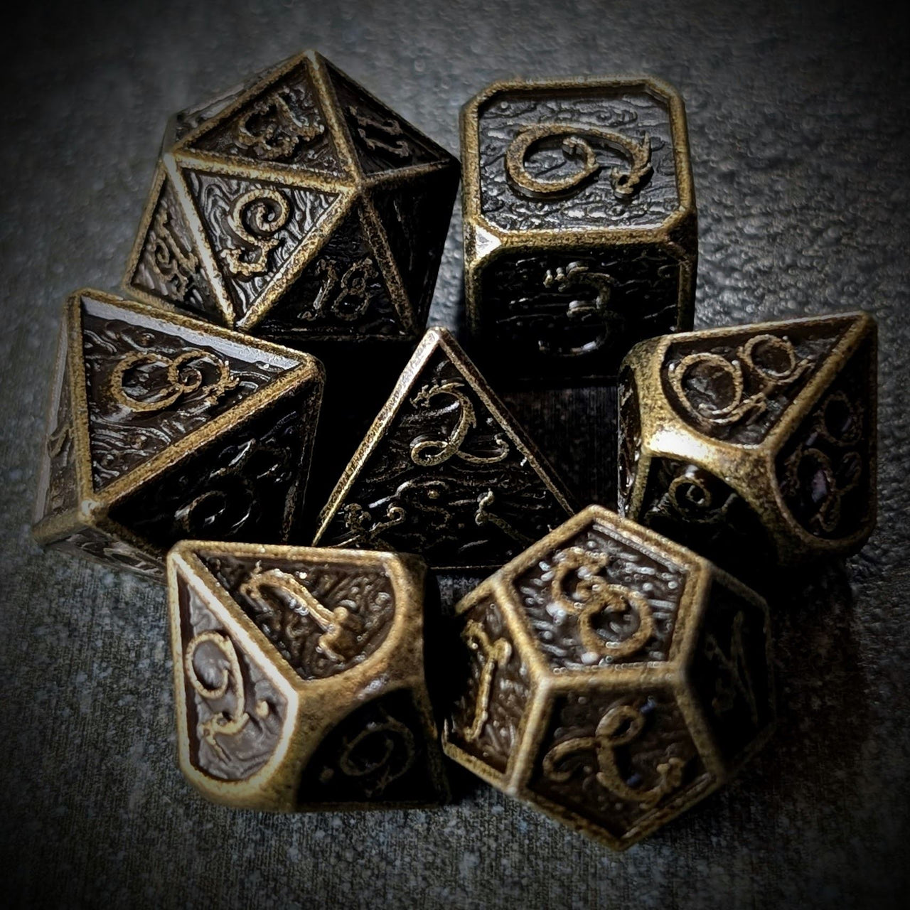 Bronze Metal with Dragon Font - 7pcs RPG Dice Set