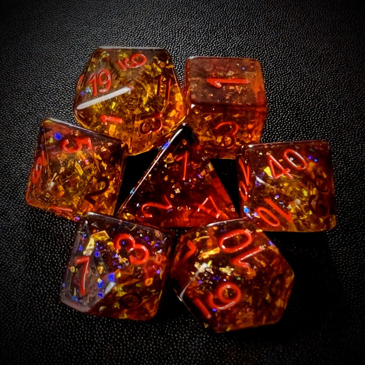 Glitter in Orange & Black Resin - 7pcs RPG Full Dice Set