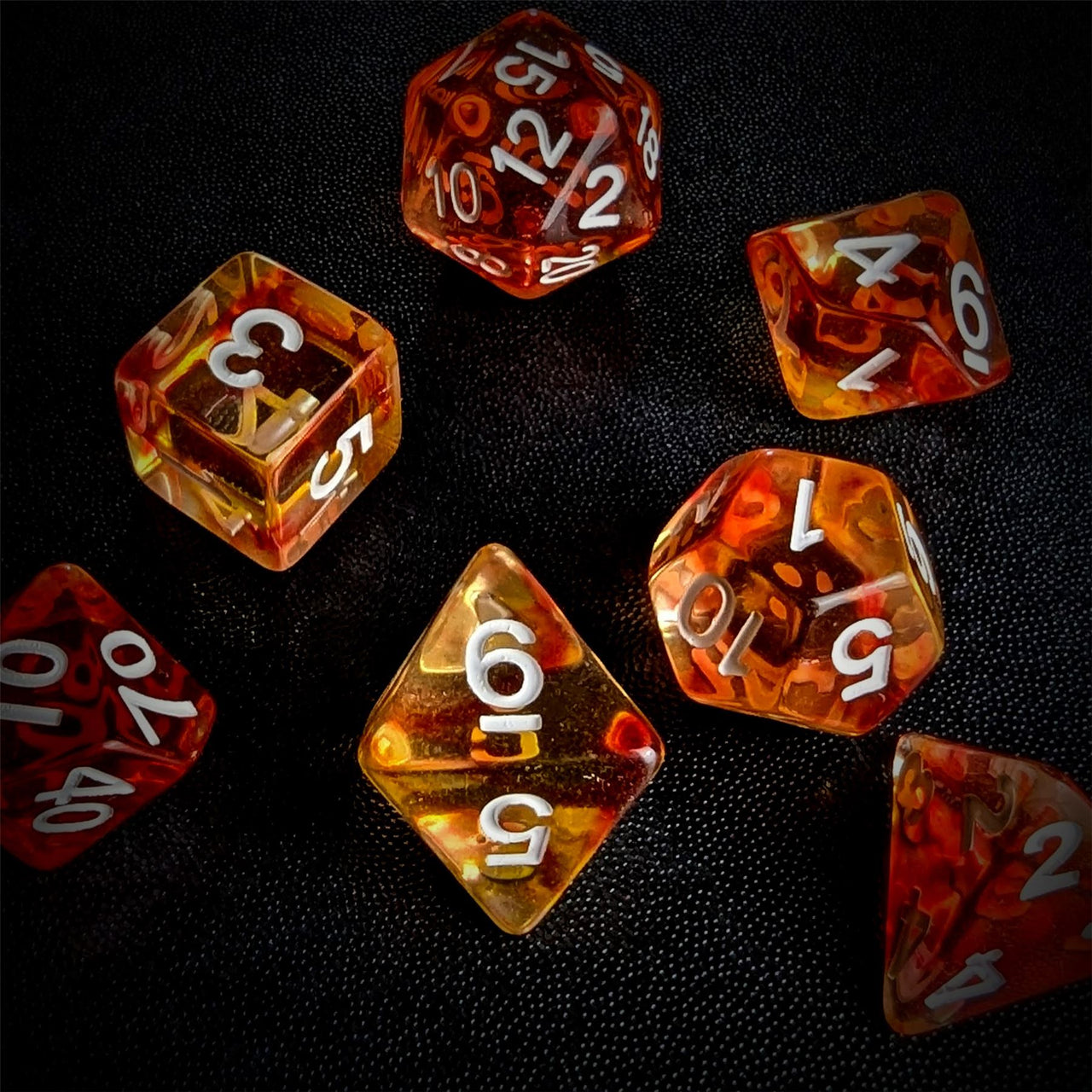Red & Yellow Swirl in Clear Resin - 7pcs RPG Full Dice Set