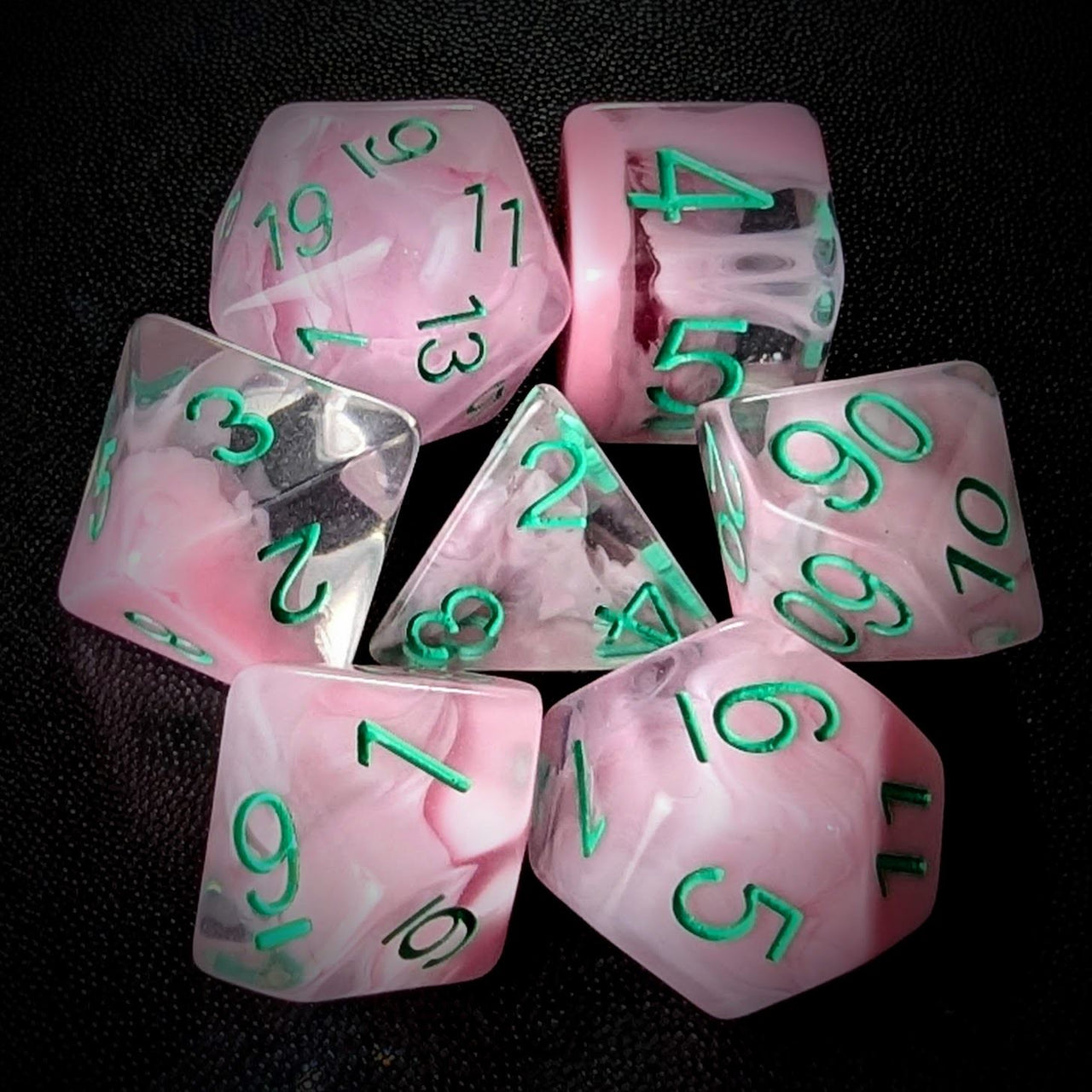 Pink Swirl in Clear Resin - 7pcs RPG Full Dice Set