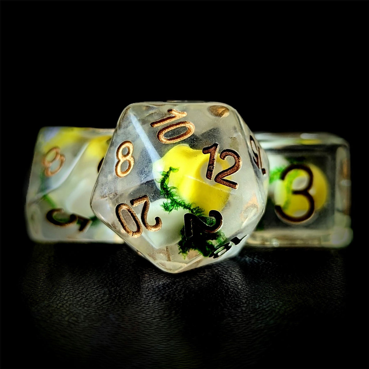 Yellow Mushroom in Clear Resin - 7pcs RPG Full Dice Set