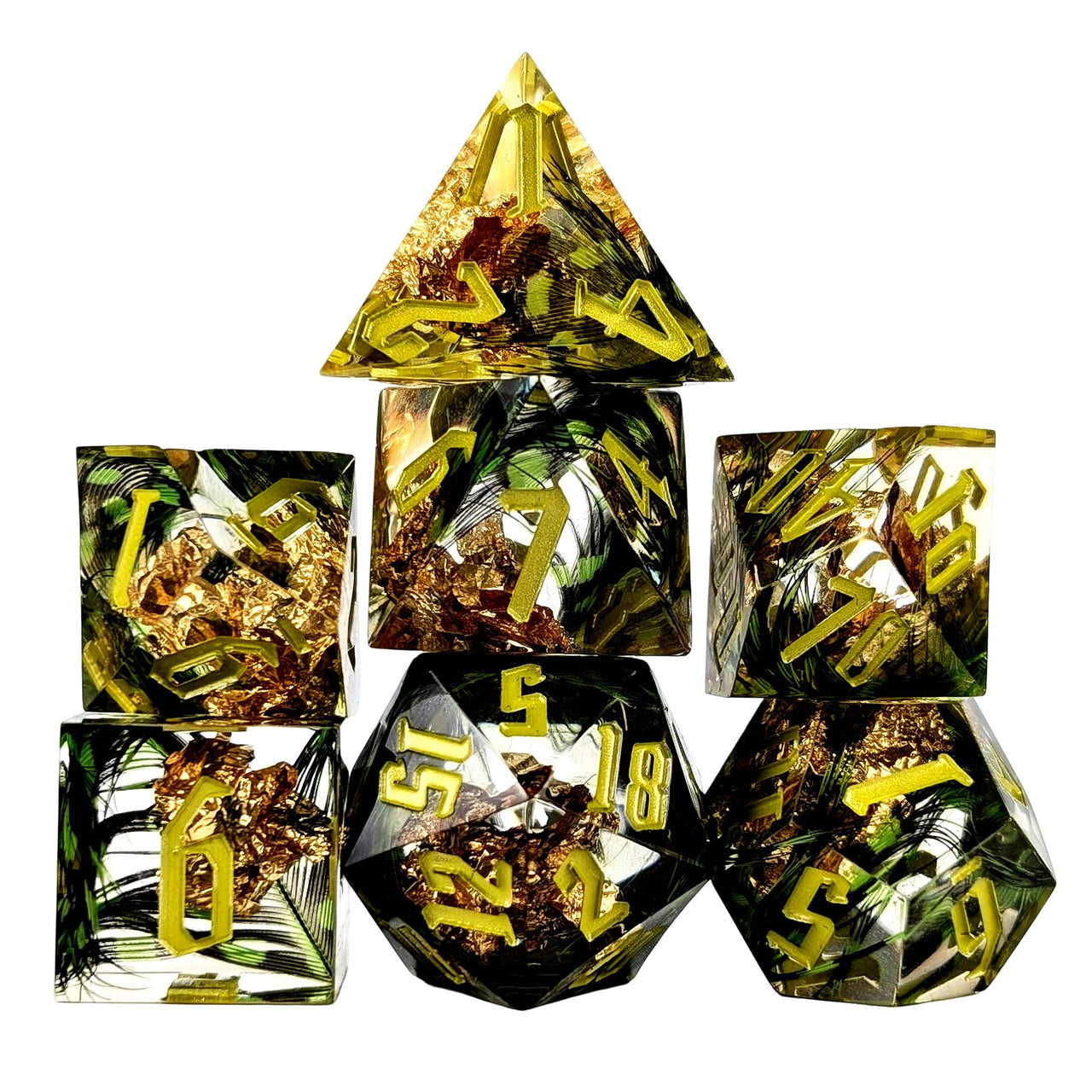 Foil Feather Black, Green & Clear Filled Sharp Resin - 7pcs RPG Dice Set
