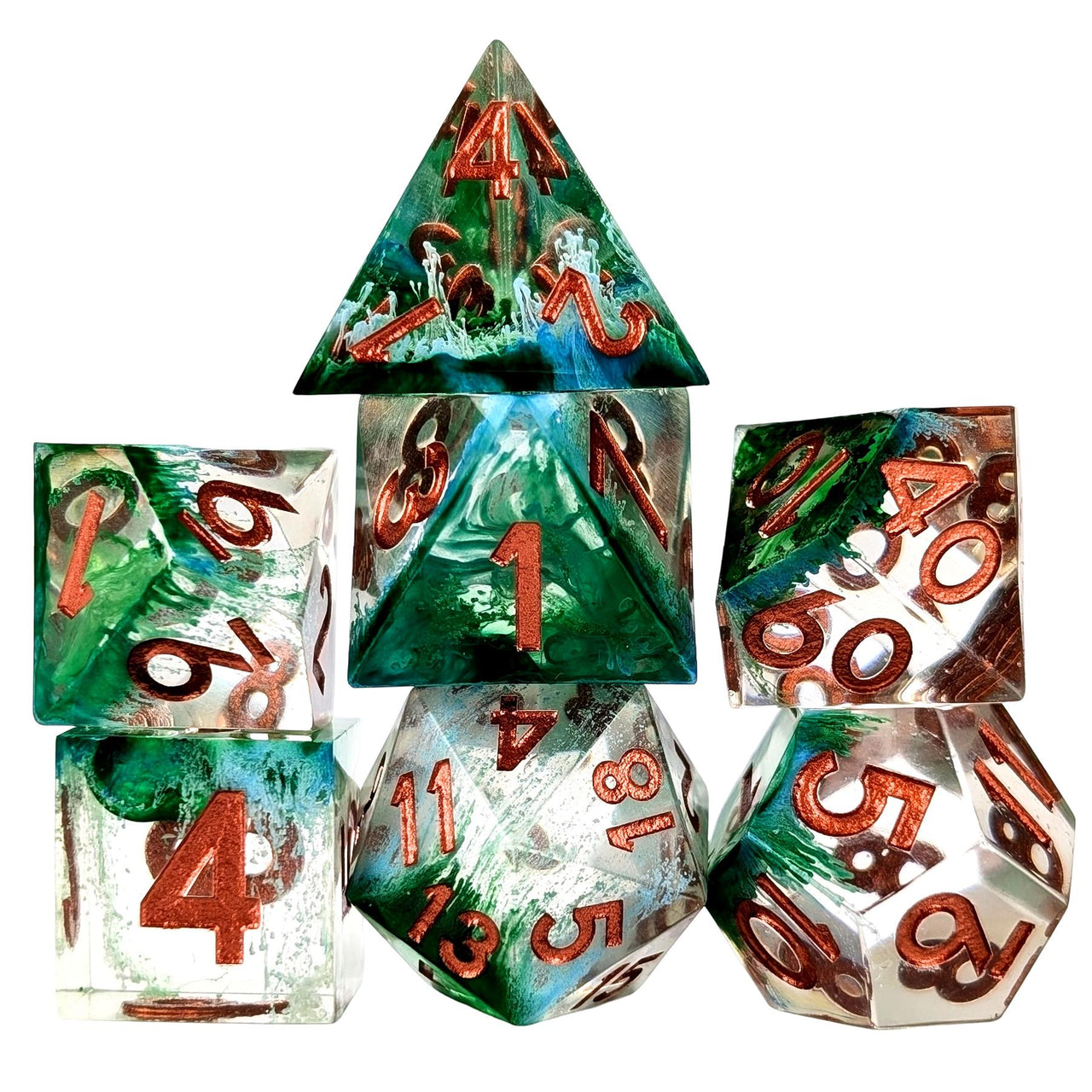 Moss in Layered Blue & Clear Sharp Resin - 7pcs RPG Dice Set