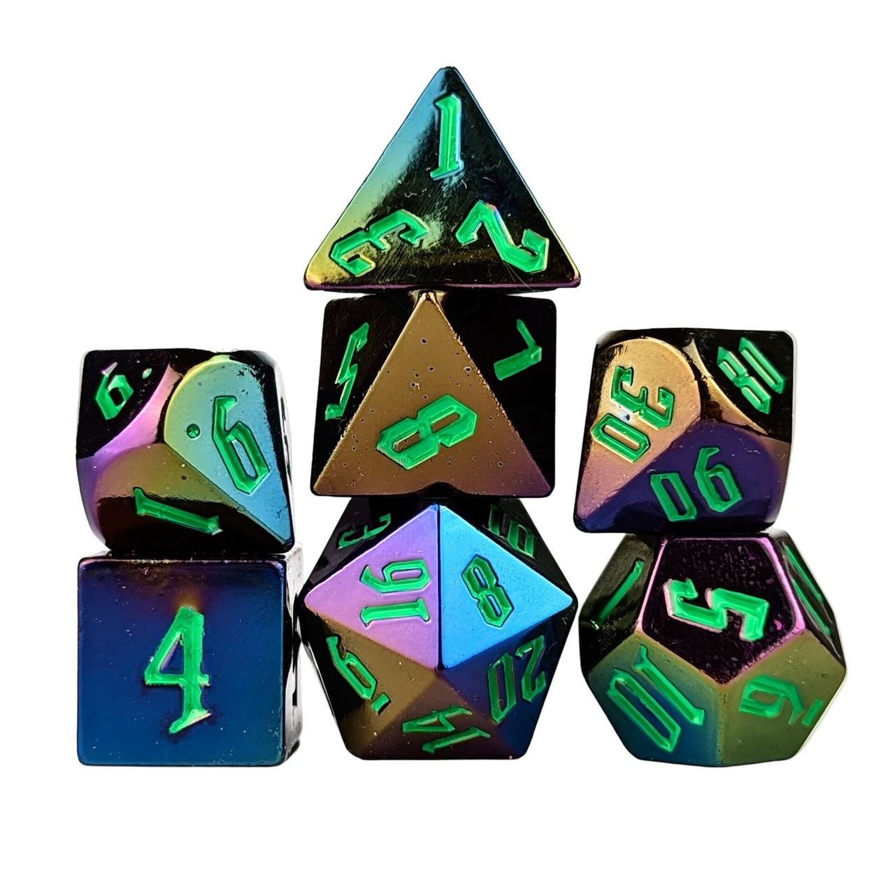 Rainbow & Purple Metallic Acrylic - 7pcs RPG Dice Set