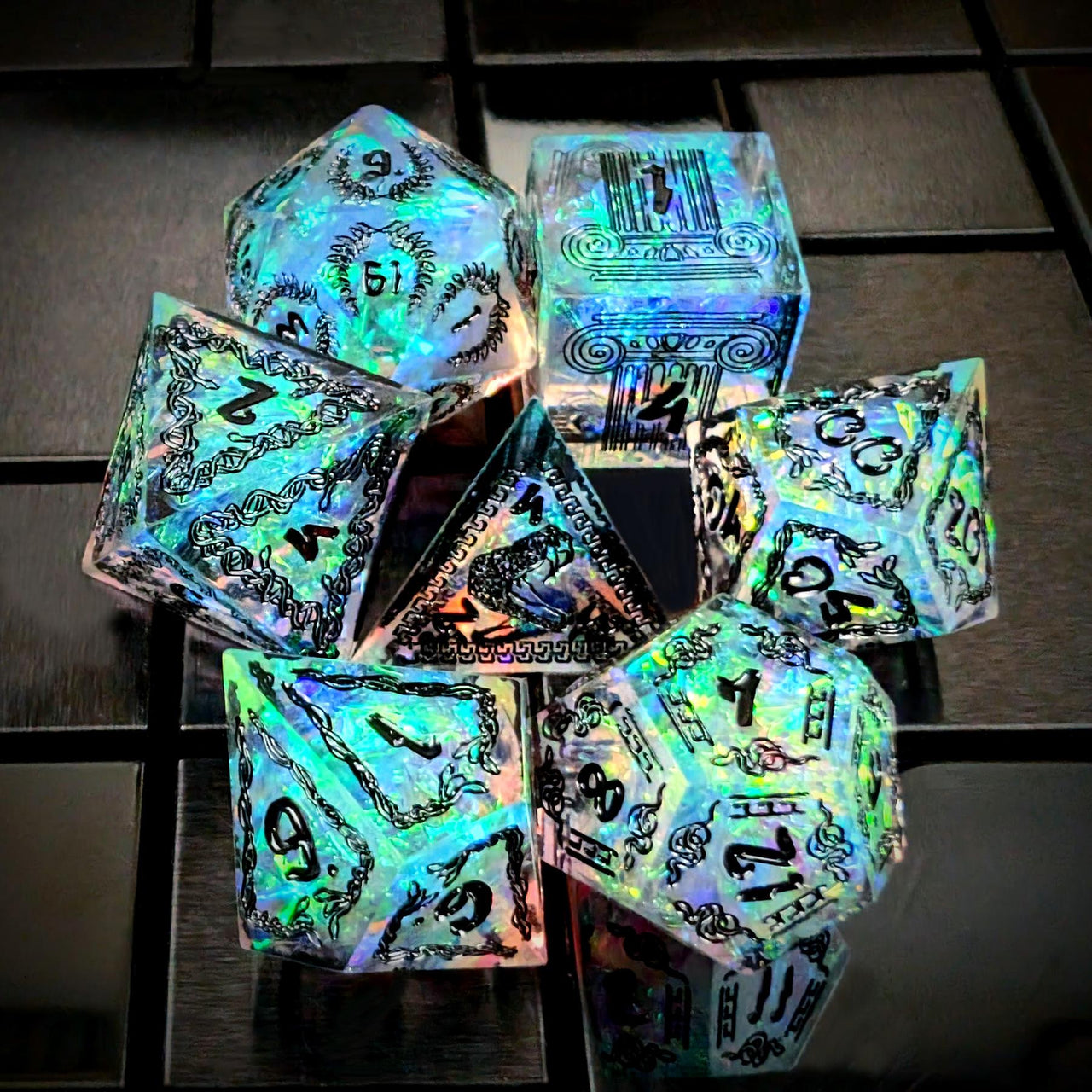Mythology on Clear Sharp Resin - 7pcs RPG Dice Set