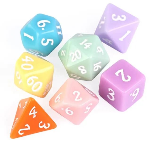 7pcs RPG Full Dice Set - Solid Multicoloured Pastel Resin