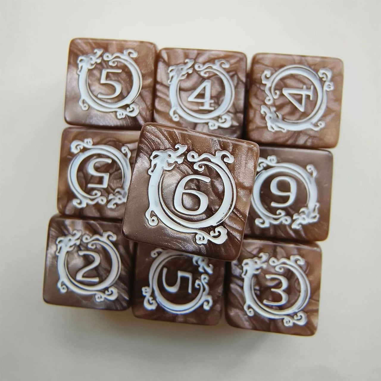 6pcs D6 17mm Dice Acrylic Blend Square Dragon Circle Silver Font Brown