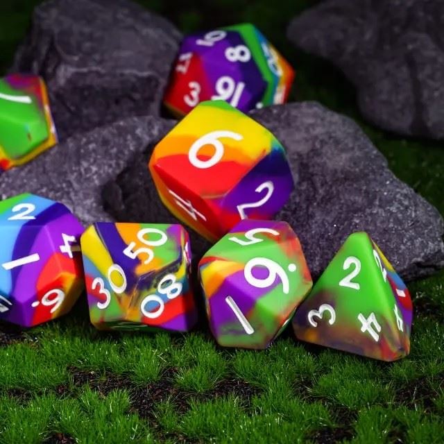 Green & Purple Layered Silicone - 7pcs RPG Full Dice Set