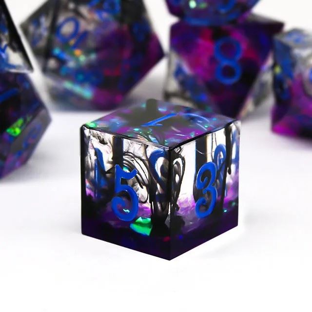 Black Swirl in Purple & Black Sharp Resin - 7pcs RPG Dice Set