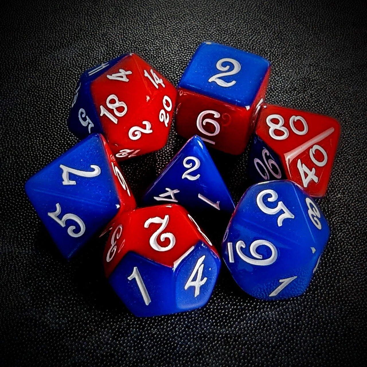 Blend of Red & Blue Acrylic - 7pcs RPG Full Dice Set Top