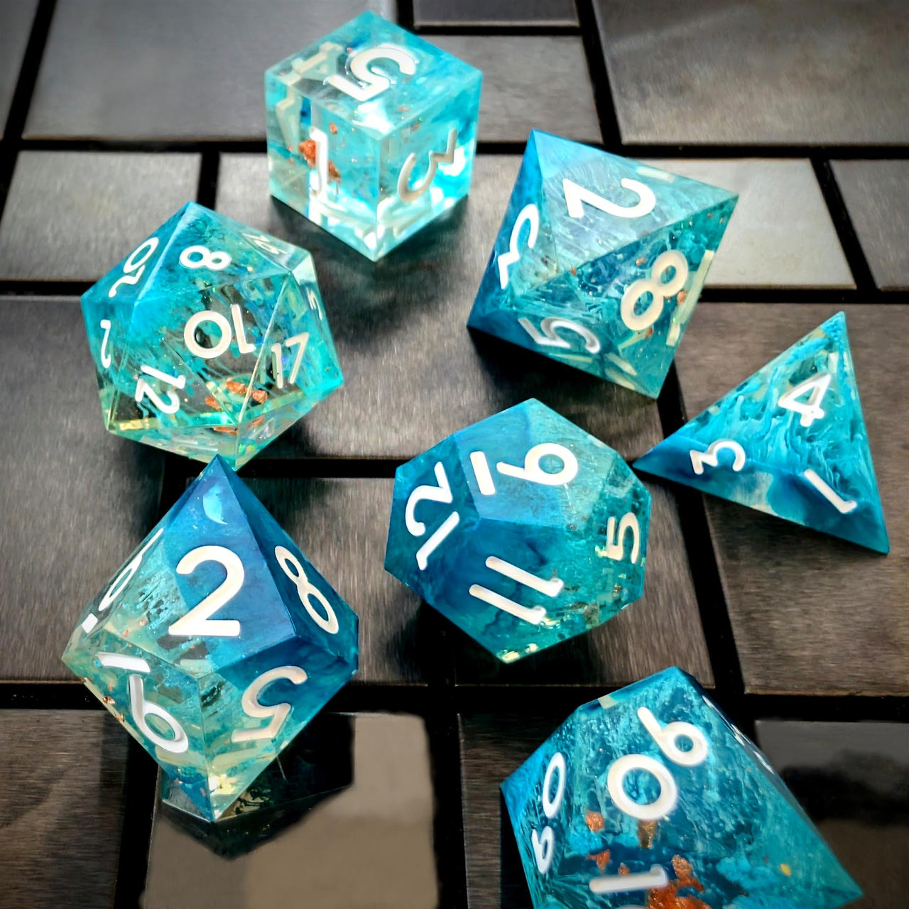 Blue Swirl in Teal with Gold Foil Sharp Resin - 7pcs RPG Dice Set