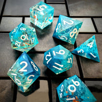 Thumbnail for Blue Swirl in Teal with Gold Foil Sharp Resin - 7pcs RPG Dice Set