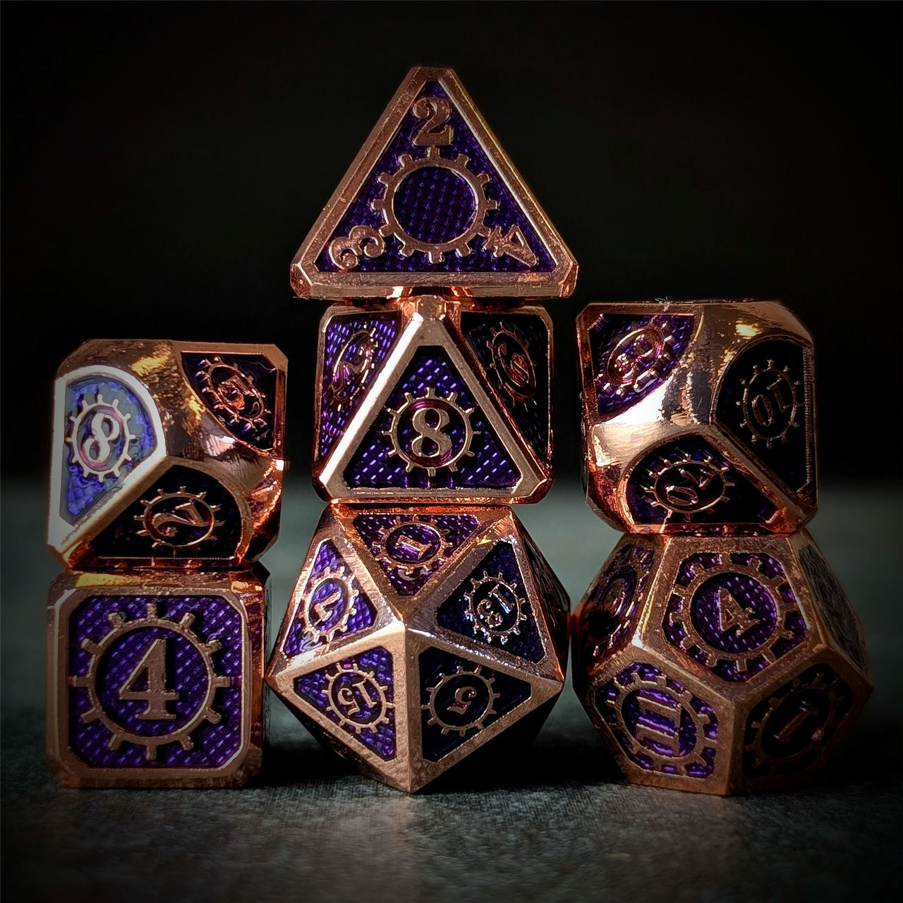 Gear in Purple Enamel Copper Metal - 7pcs RPG Dice Set