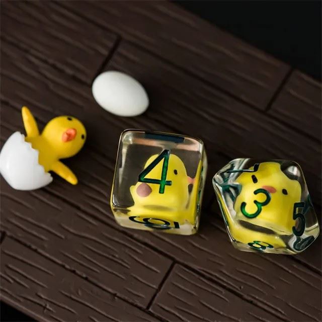 Chickens in Clear Resin with Oversized D20 - 8pcs RPG Dice Set