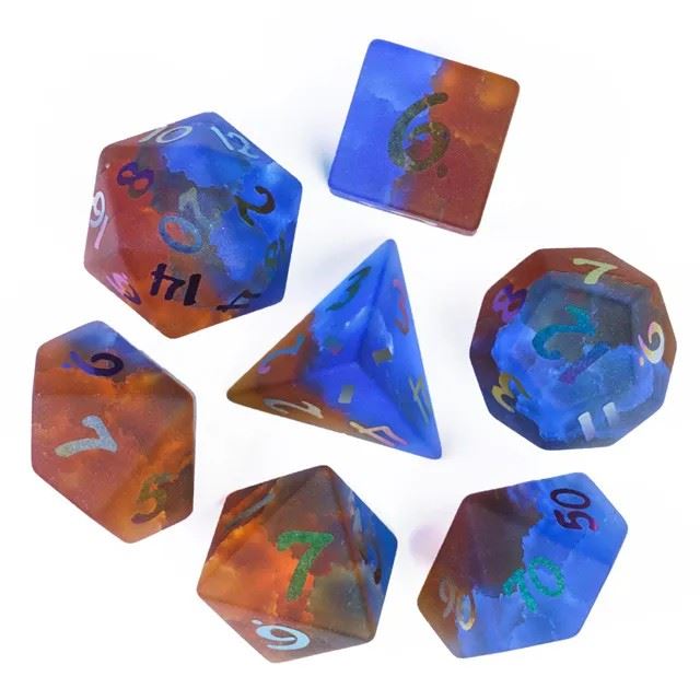 Cracked & Frosted Orange and Blue Glass - 7pcs RPG Dice Set