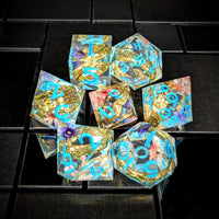 Thumbnail for 7pcs Dice Sharp Filled Gold Ring Flowers Blue Font Blue Clear