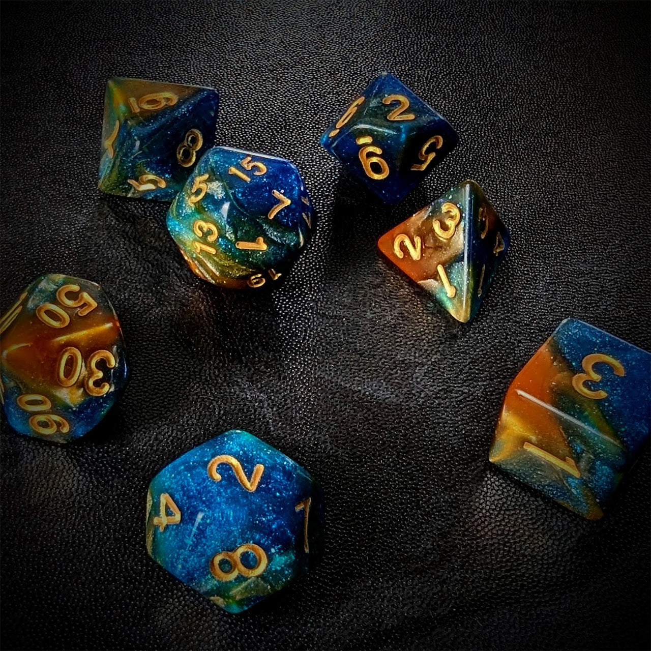 Glitter in Blue & Orange Acrylic - 7pcs RPG Full Dice Set Scatter